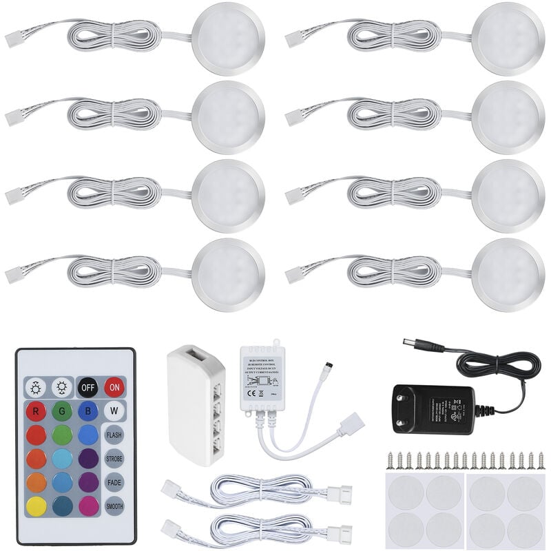 

Kit de luces LED RGB de forma redonda delgada de 8 piezas para debajo del gabinete, lampara de disco SMD5050, con control remoto