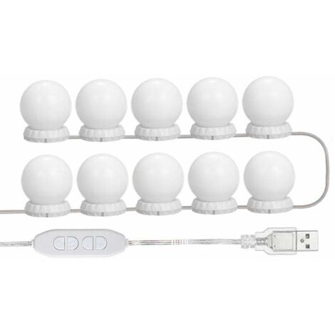 Kit de luz LED para espejo de tocador, con 10 bombillas ajustables, 10 niveles de brillo y 3 modos de iluminación, USB, blanco.