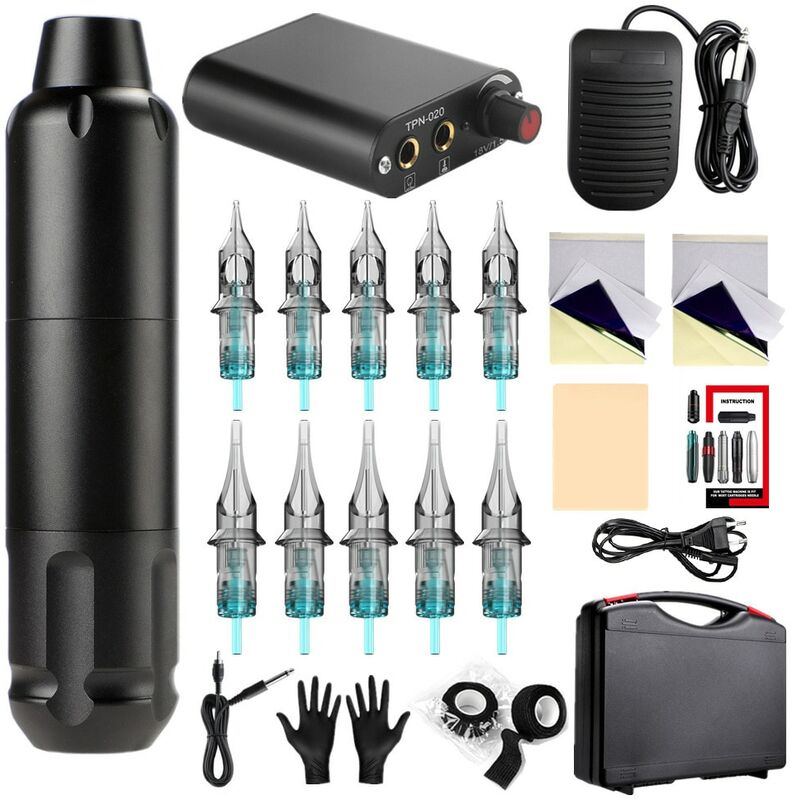 Jusch - Kit de machine à tatouer, en aluminium, rotatif, avec 10 aiguilles à cartouche, type stylo, pour ombrage, noir