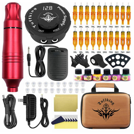 Kit de machine à tatouer rotative professionnelle stylo à tatouer mitrailleuses maquillage permanent avec encres de couleur alimentation cartouche aiguilles kit de tatouage rouge