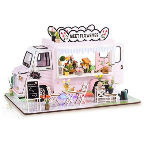 Kit de Maison Miniature DIY avec LED, Maison de Jardin en Bois 3D à Construire, Décor de Noël Cadeau Créatif Adulte Adolescent, Chariot à Fleurs
