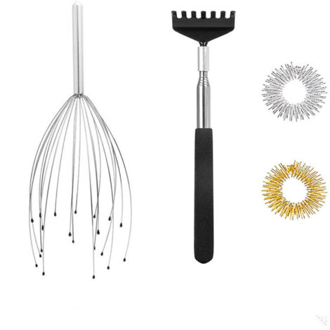 Kit de massage tête complet : boîte + griffe argentée + gratte-dos + 2 anneaux de pression digitaux