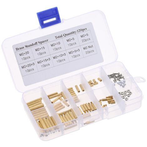 Kit de montaje que incluye: tornillos M3/M2, espaciador cilíndrico roscado de latón, espaciador hexagonal para placa de circuito impreso, adaptador macho-hembra, tuercas de acero inoxidable, etc.