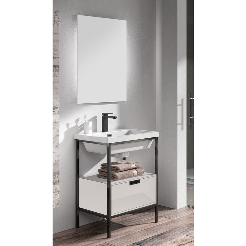 

KIT de Mueble de Baño Modelo CLASSIC RESINA con un Cajón, Formado por Mueble de Baño BLANCO 80cm, Lavabo de Resina y Espejo