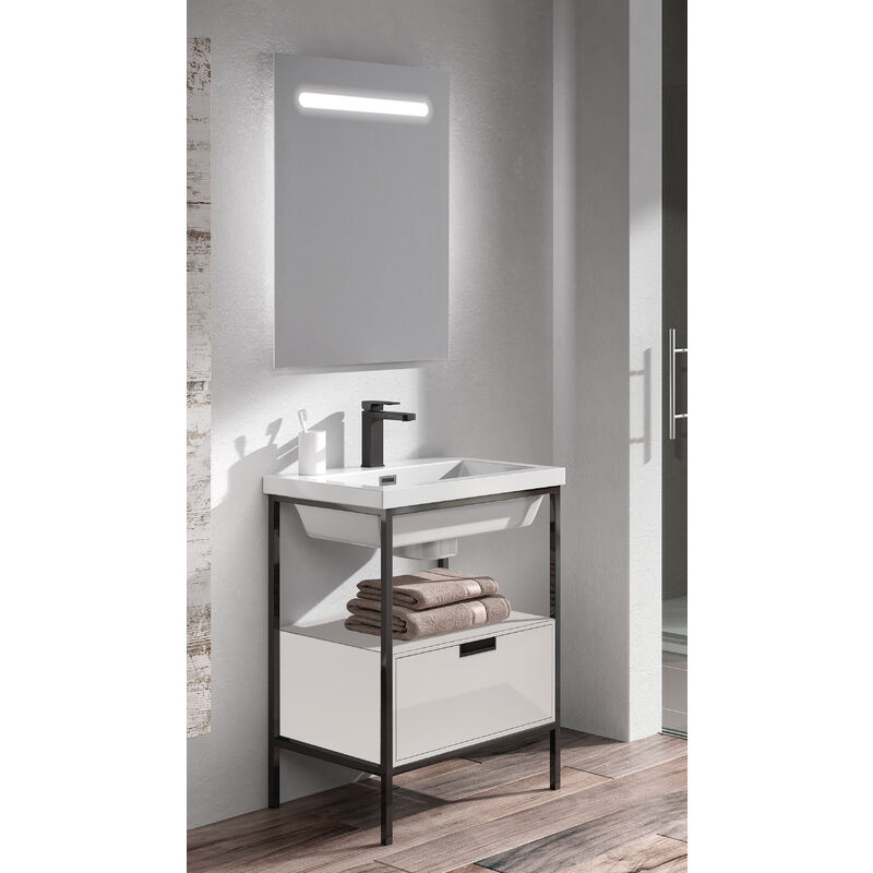 

KIT de Mueble de Baño Modelo CLASSIC RESINA con un Cajón, Formado por Mueble de Baño BLANCO 60cm, Lavabo de Resina y Espejo