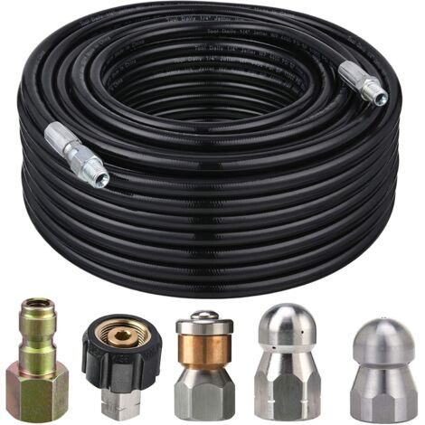 Kit de nettoyage de canalisations avec nettoyeur haute pression 1/4 pouce, 4400 PSI et portée de 30 mètres, comprenant un tuyau haute pression et une buse rotative.