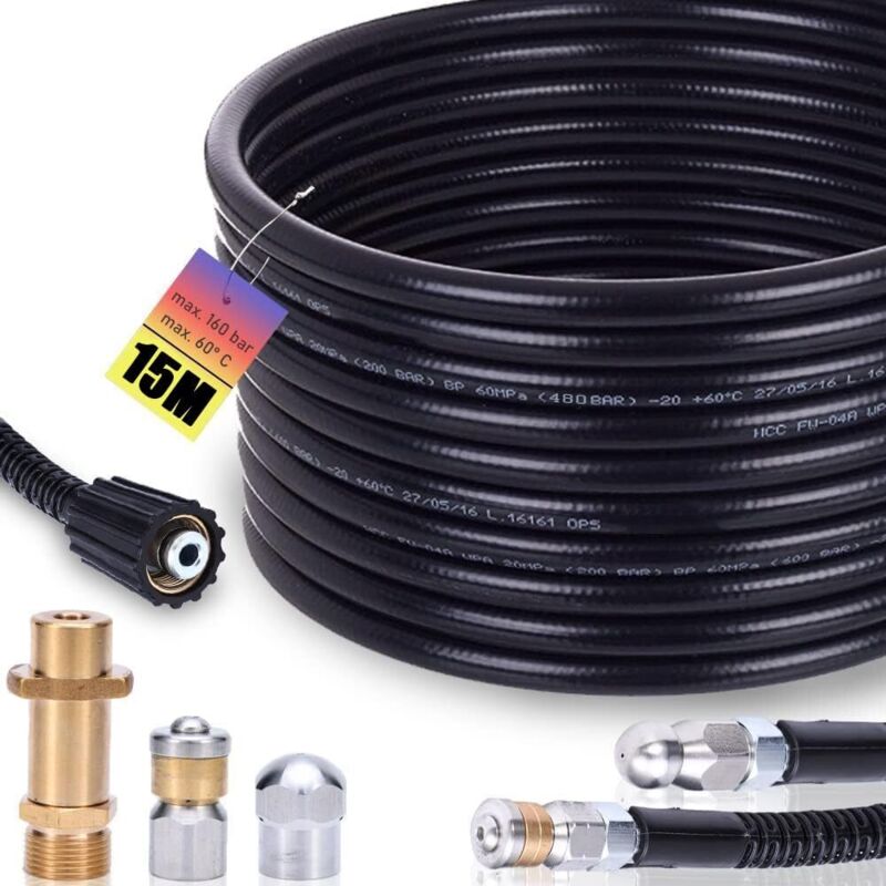 Kit de Tuyau de Nettoyage 15 m, 200 Bar avec Adaptateur M22, Buses rigides + rotatives pour Nettoyeur Haute Pression K2, K3, K4, K5, K6, K7 - Kit