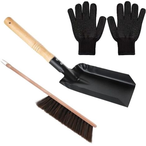 Kit de nettoyage de cheminée avec pelle, brosse pour poêle à bois naturel, gant en silicone noir, pelle de cheminée et pelle à cendres