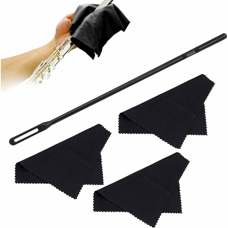 Kit de nettoyage de flûte, chiffon de nettoyage de flûte 3 pièces, baguette de nettoyage de flûte transversale - black