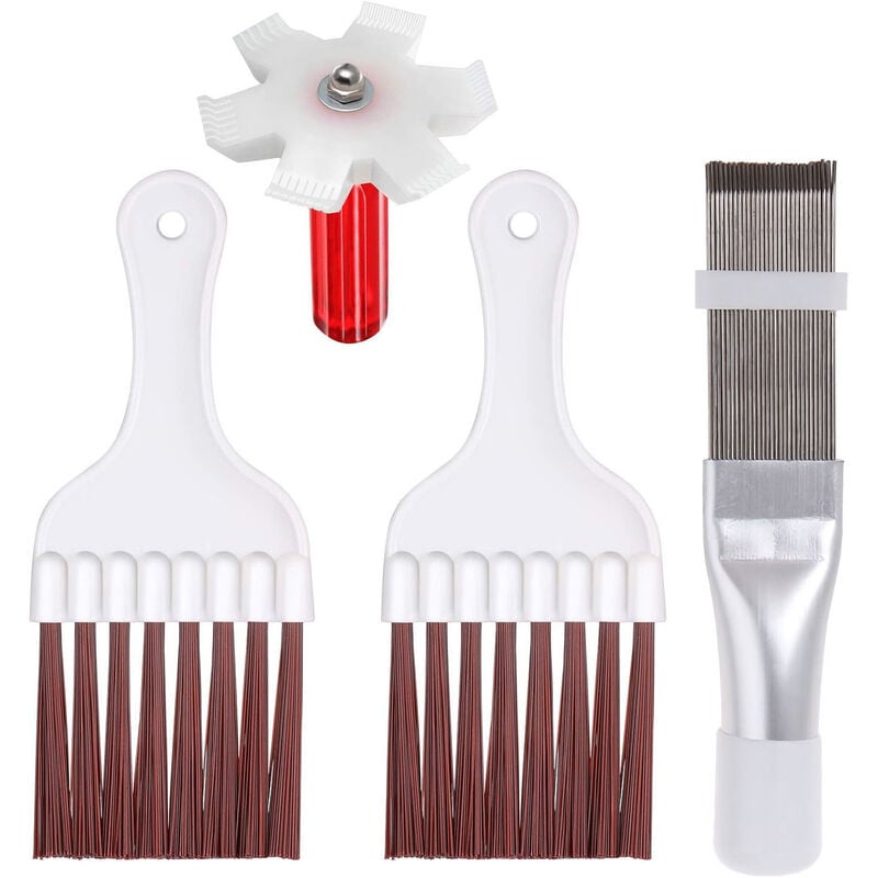 Kit De Nettoyage De Radiateur De Climatiseur De Condenseur De Refrigerateur, 2 Brosses + 1 Peigne a Ailettes En Plastique Blanc + 1 Peigne a Ailettes