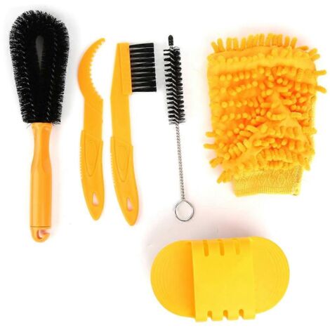 Kit de nettoyage de vélo 2024 : brosse pour chaîne et pneus, grattoir et gants.
