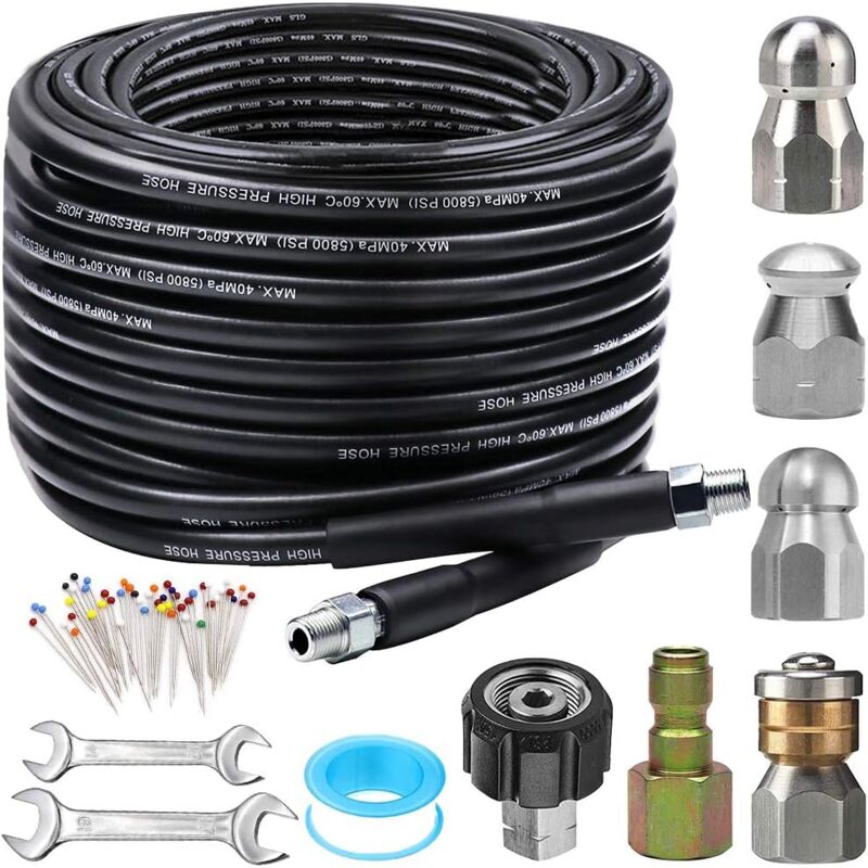 Kit de nettoyage d'égouts pour nettoyeur haute pression 100FT, 5800PSI Drain Cleaner Hose 1/4 Inch NPT Corner, Rotating and Button Hose Sewer Jetting