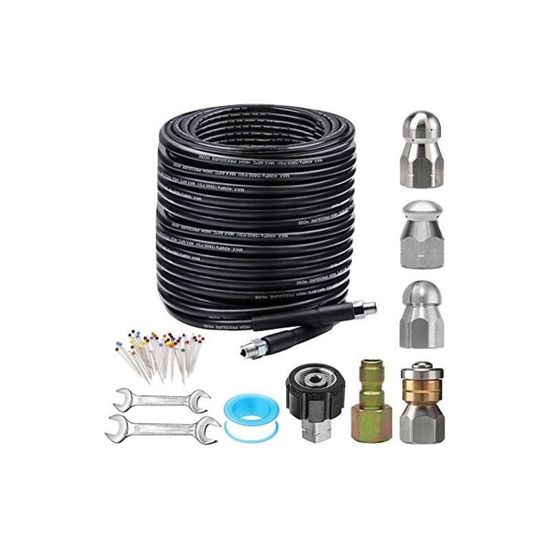 Kit de nettoyage d'égouts pour nettoyeur haute pression 150FT, tuyau de nettoyage de drain 5800PSI 1/4 Inch NPT Corner, buse rotative et boutonnée de