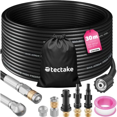 Kit de nettoyage et de débouchage de canalisations avec 1 tuyau, 2 buses et 3 adaptateurs - 30 m