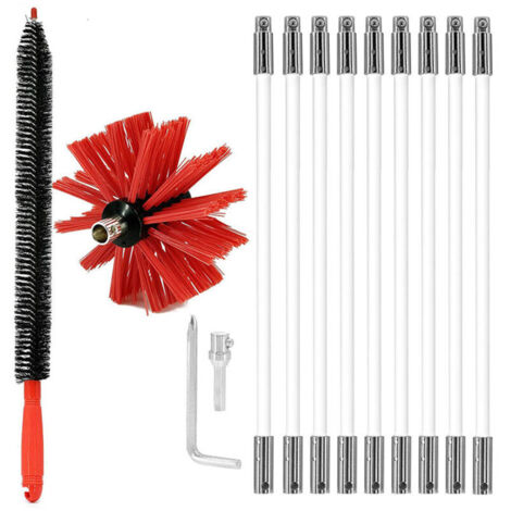Kit de nettoyage flexible pour cheminée et conduit d’air – Brosse rotative avec rallonge télescopique et tête rouge, compatible perceuse électrique, idéal pour sèche-linge, hottes et sorties d’aératio