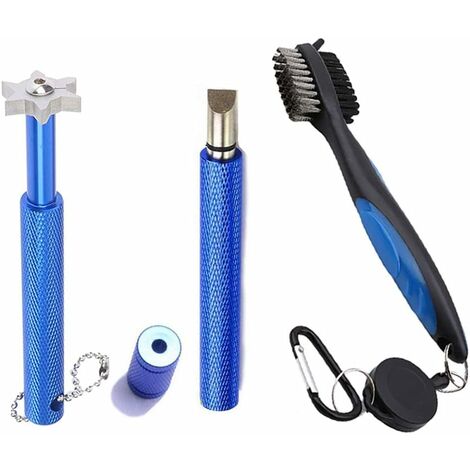Kit de Nettoyage Golf, 3 Pièces Brosse pour Club de Golf Rétractable avec Mousqueton + Affûteur de Rainure + Affûteur de Rainure avec 6 Lames, Nettoyeur Club de Golf pour Rainures en U & V,Bleu