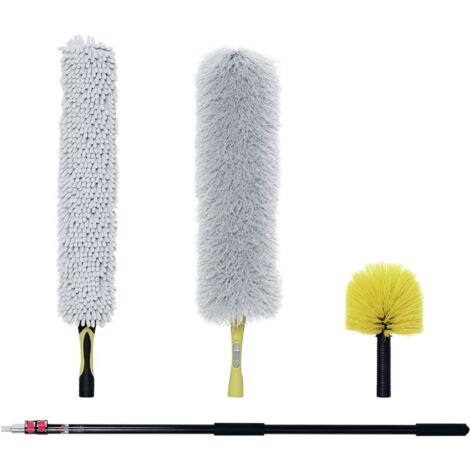 Kit de nettoyage maison et bureau avec tige extensible, plumet pour toiles, plumeau en microfibre et plumet pour ventilateur de plafond, jaune et gris