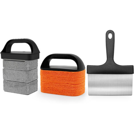 Kit de nettoyage pour plancha comprenant une pierre à griller, un grattoir et une brosse pour éliminer facilement les taches.