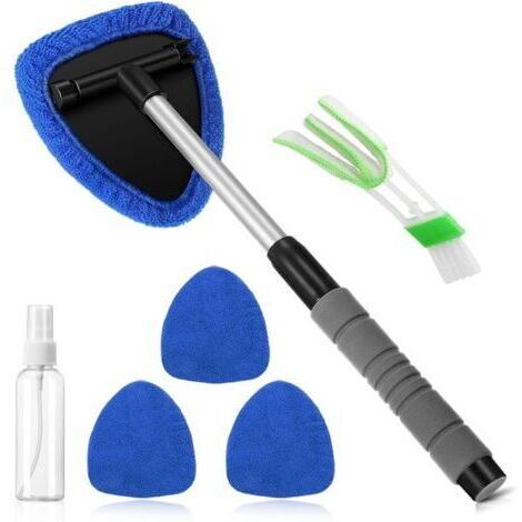Kit de Nettoyage pour vitres de Voiture avec 4 tampons en Microfibre, nettoyant intérieur pour vitres de Voiture avec poignée Extensible, Rotatif à 180 °, Bleu