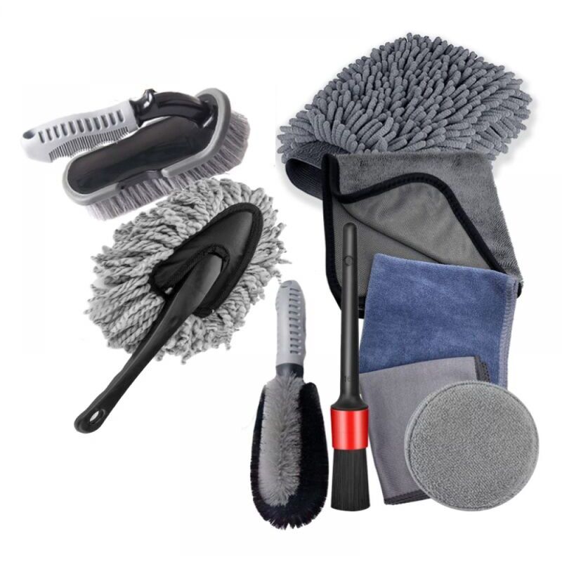 Kit de nettoyage pour voiture 9 pièces – Chiffons de nettoyage en microfibre Brosse éponge Gant de lavage Brosse pour jantes et entretien de la