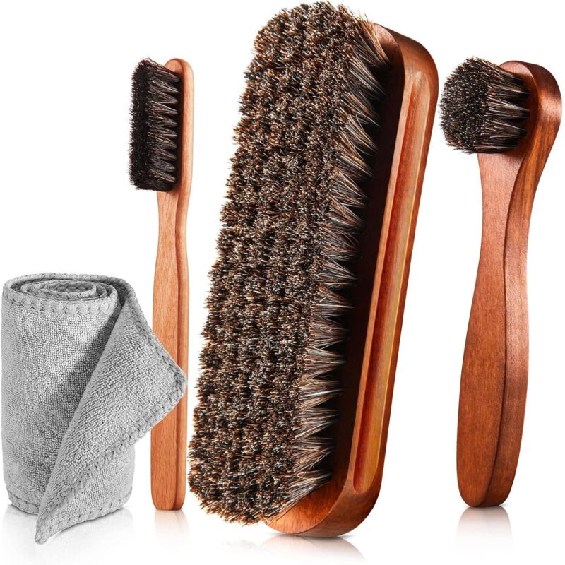 Kit de Nettoyage&Entretien Cuir Premium 4 Pièces Poils de Cheval 100% Applicateurs,Brosses Brillantage&Chiffon Microfibre pour Chaussures,Bottes,Sacs