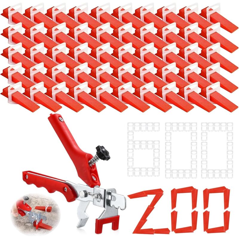 Kit de nivelación de baldosas, 600 espaciadores autonivelantes de 2 mm + 200 cuñas reutilizables para baldosas, 1 alicate, 1 cuchillo de gancho,