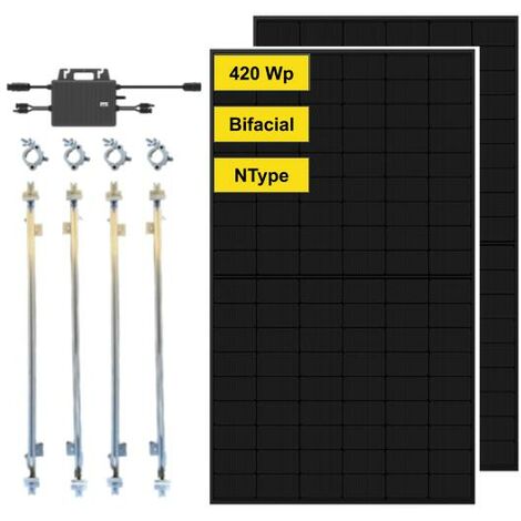 Kit de Panel Solar Autoinstalable Plug & Play Robinsun Performance 820Wp (2 Paneles Bifaciales Full Black) / Soporte Fijación 90º + Micro inversor 800W con Wifi Incluído + Cables de conexión