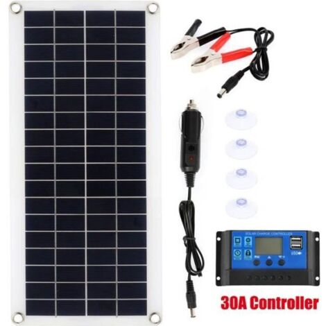 Kit de Panneau Solaire 100W 2 USB avec Contrôleur 30A Chargeur de Batterie Solaire pour Voiture Yacht Montres Bateau 12V-18V