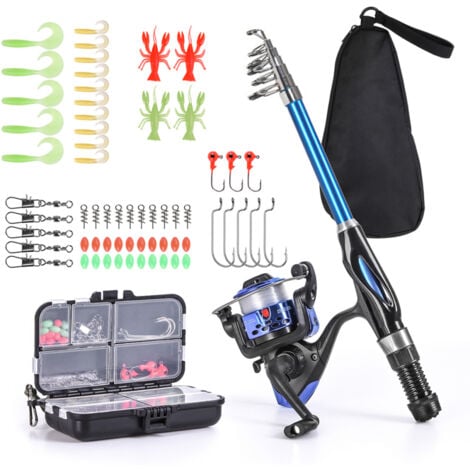 GRID COOL Kit de pêche complet : Canne télescopique 1,5m avec moulinet à giratoire, hameçons, appâts mous, palangriers et sac de rangement