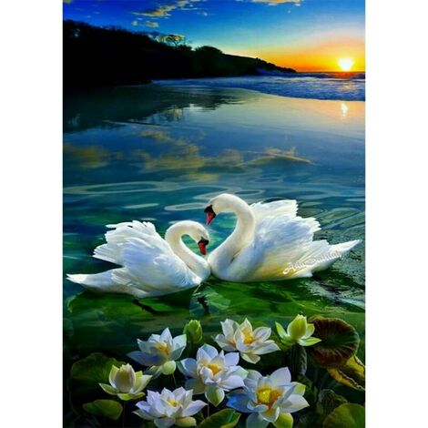 Kit de peinture diamant carr&eacute, 5D DIY par num&eacute,ro,peinture par numero adulte,Square diamond painting cygne et lotus cristal strass broderie point de croix Arts Artisanat Toile D&eacute,cor