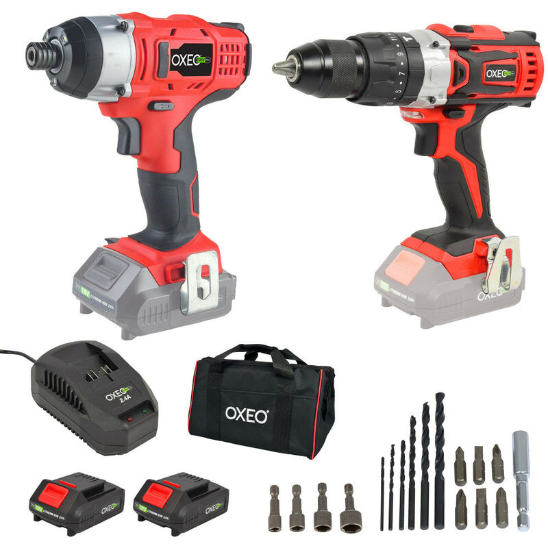 Oxeo - Kit de Perceuse visseuse et visseuse à choc 18v - chargeur et batteries 2Ah - Sac de rangement - 6 forêts hss - 4 douilles