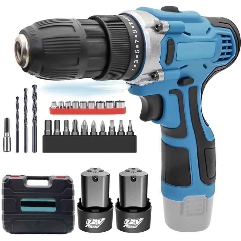 Kit de perceuse-visseuse sans fil 12 v, tournevis électrique + 2 batteries 3.0A, perceuse combinée 35 N.m max, perceuses électriques à couple 25+1,