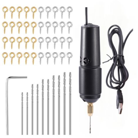 Kit de perforación para resina, mini taladro eléctrico con 10 brocas y 100 tornillos de ojo para crear joyas, objetos de aluminio y madera, y para hacer llaveros y moldes de resina (negro).
