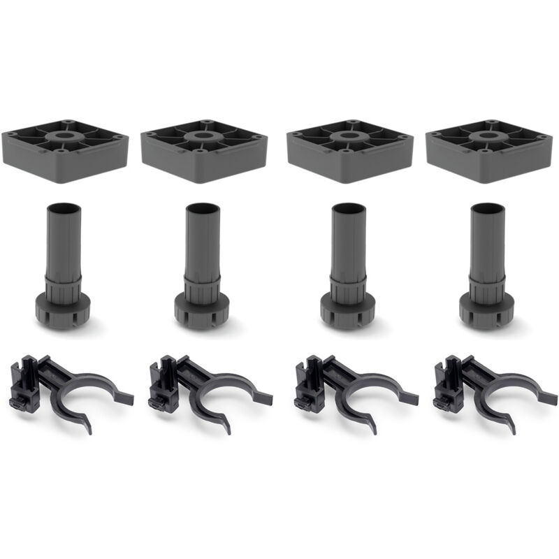 Kit de pieds de Vérins Bone avec base carrée pour meubles, hauteur 120mm, réglable 118-160mm, Plastique, Noir - Emuca