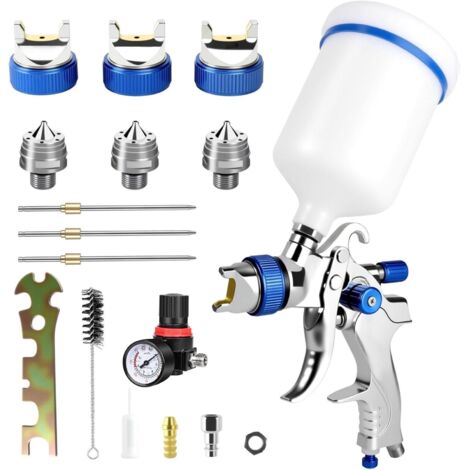 Kit de pistola de pintura HVLP con 3 boquillas (1,4/1,7/2,0 mm) – Pistola de pintura neumática profesional con depósito de plástico de 600 ml, presión y caudal de aire ajustables, acero inoxidable y c
