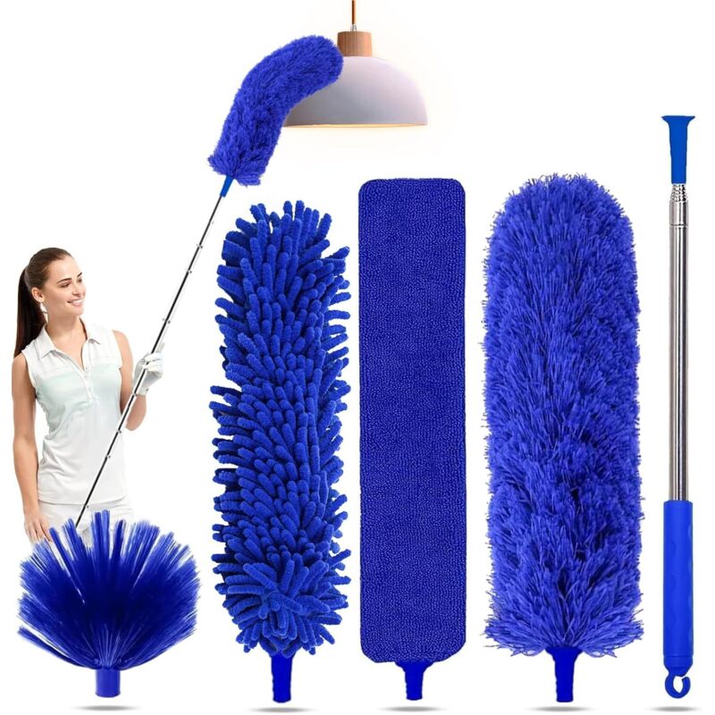 Kit de plumeau 5 en 1 pour le nettoyage, plumeau avec manche extensible, plumeau extensible de 100 pouces, plumeau en microfibre - Bleu