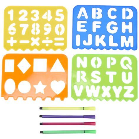 Kit de pochoirs pour enfants avec chiffres, lettres et formes - Règle, stylo et papier blanc inclus - Outil éducatif créatif