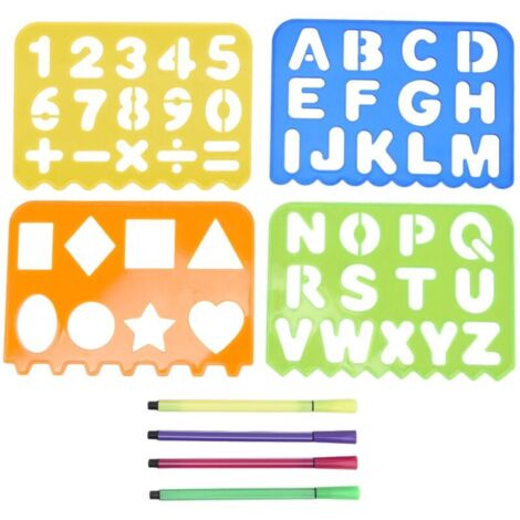 Kit de pochoirs pour enfants avec chiffres, lettres et formes - Règle, stylo et papier blanc inclus - Outil éducatif créatif