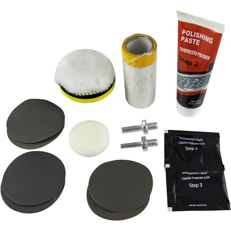 Kit de polissage de phares – Rénovateur phare en 3 étapes – 2 roues d’émeri P800/P1200/P2000 – 85g de pâte à polir – JBM53626