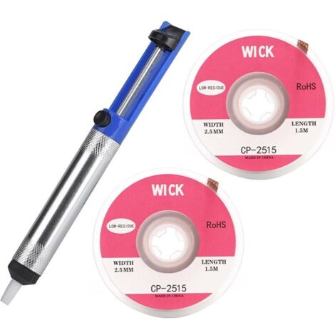 Kit de pompe à dessouder, pompe à dessouder et 2 mèches à dessouder de 2,5 mm x 1,5 mm, pompe à désosser, 2 mèches à dessouder, aspirateur à souder, pompe à vide