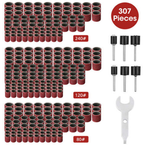 Kit de ponçage 307 pièces – 300 manchons abrasifs 80/120/240 – 6 mandrins pour outil rotatif – Compatible Dremel