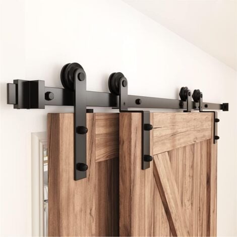 Kit de porte coulissante à double voie de 200 cm, kit de porte coulissante à double voie, kit de porte coulissante de grange robuste, en acier au carbone noir givré en forme de I