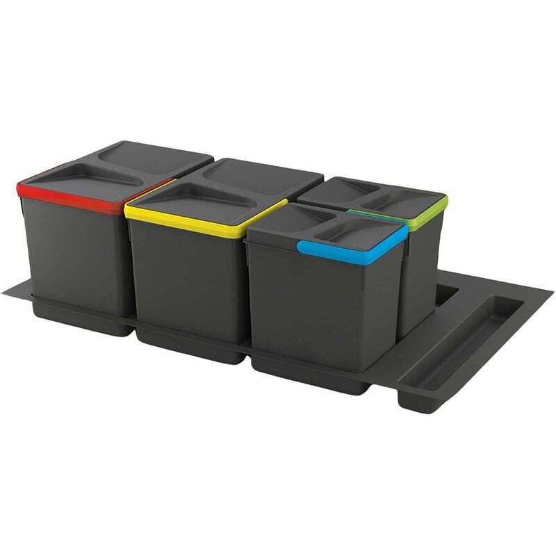 8936023 Kit poubelle de tri sélectif pour tiroir de cuisine avec socle Recycle hauteur 266mm, 2x15litres, 2x7litres, modu - Gris antracite - Emuca