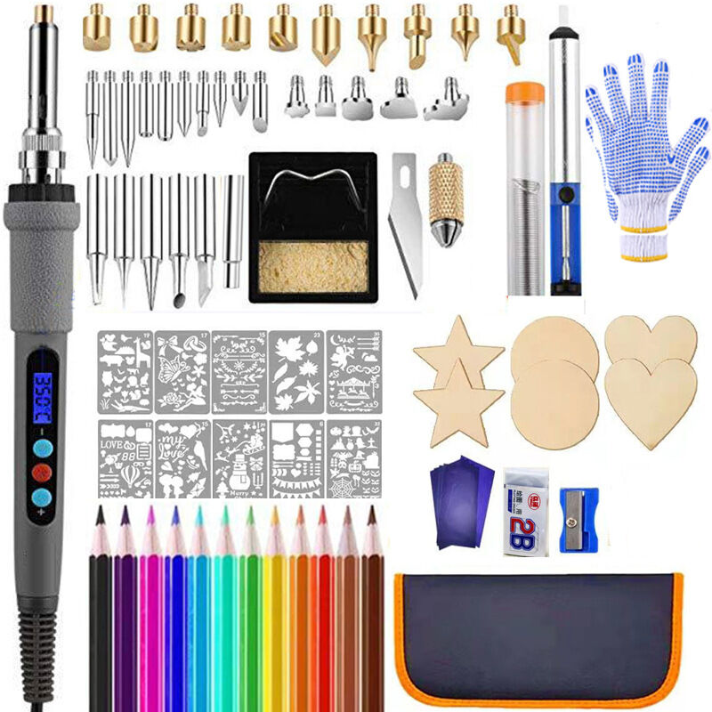 Kit de Pyrogravure Bois,Fer à souder Electrique Ensemble de 81 Pièces,Pyrogravure sur Bois avec Écran LCD Temperature Réglable,Support pour