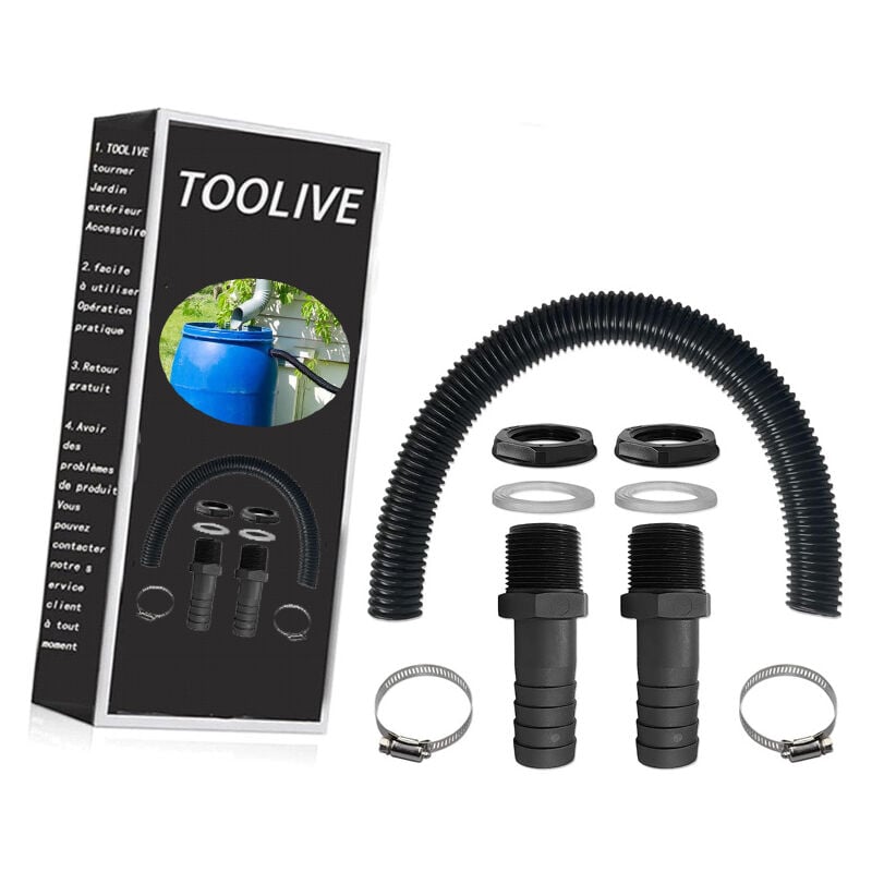 Toolive - Tuyau de raccordement du recuperateur d Eau de Pluie, y Compris 2 Douilles de Tuyau avec Contre-écrou - Kit de raccordement pour tonneau de