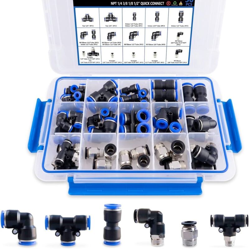 Kit de raccords de tuyau d'air de 50 pièces, raccords filetés NPT à raccorder, tubes en nylon 1/4, 3/8, 1/8, 1/2 pouces, connexions rapides, kit
