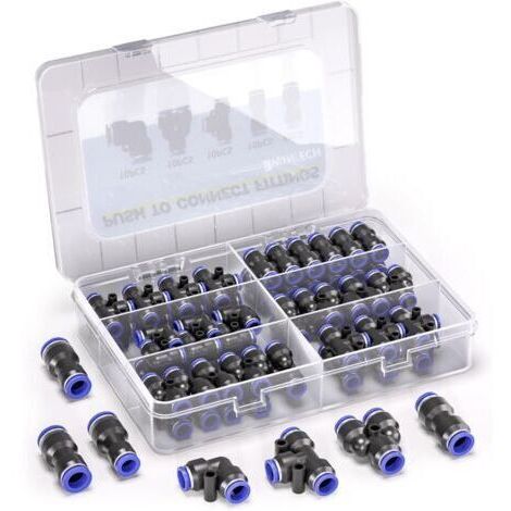 Kit de raccords pneumatiques à pression rapide de 46 pièces, diamètre 6 mm (raccords droits, coudés, en T, séparateurs 6 mm et raccords réducteurs 4–6,4–8,6–8 mm)