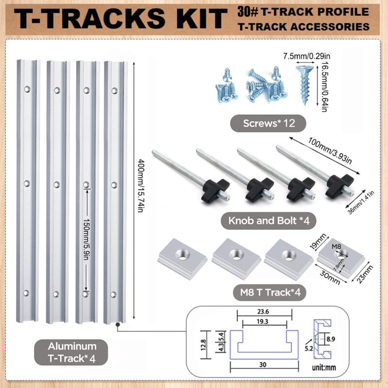 Kit de Rainures en T et Butées Coulissantes T30 – Pour Table de Travail (Rouge/Bleu/Argent) (Argent)