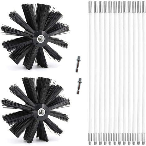 Kit de Ramonage, Brosse Nettoyage Cheminée Ø150mm pour Cheminées avec 12 Tiges Flexibles de 410 mm et 2 TêTes de Brosse