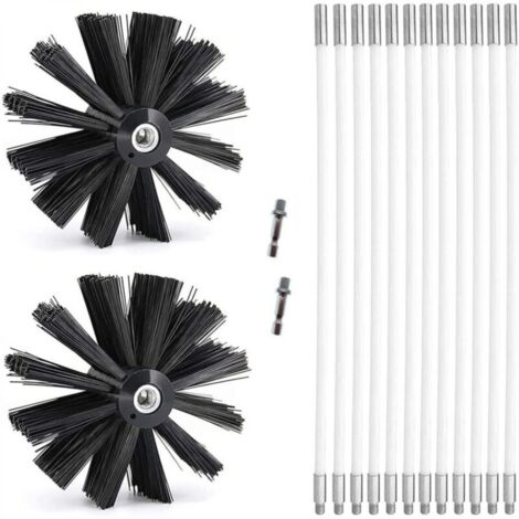 Kit de Ramonage, Brosse Nettoyage Cheminée Ø150mm pour Cheminées avec 12 Tiges Flexibles de 410 mm et 2 TêTes de Brosse